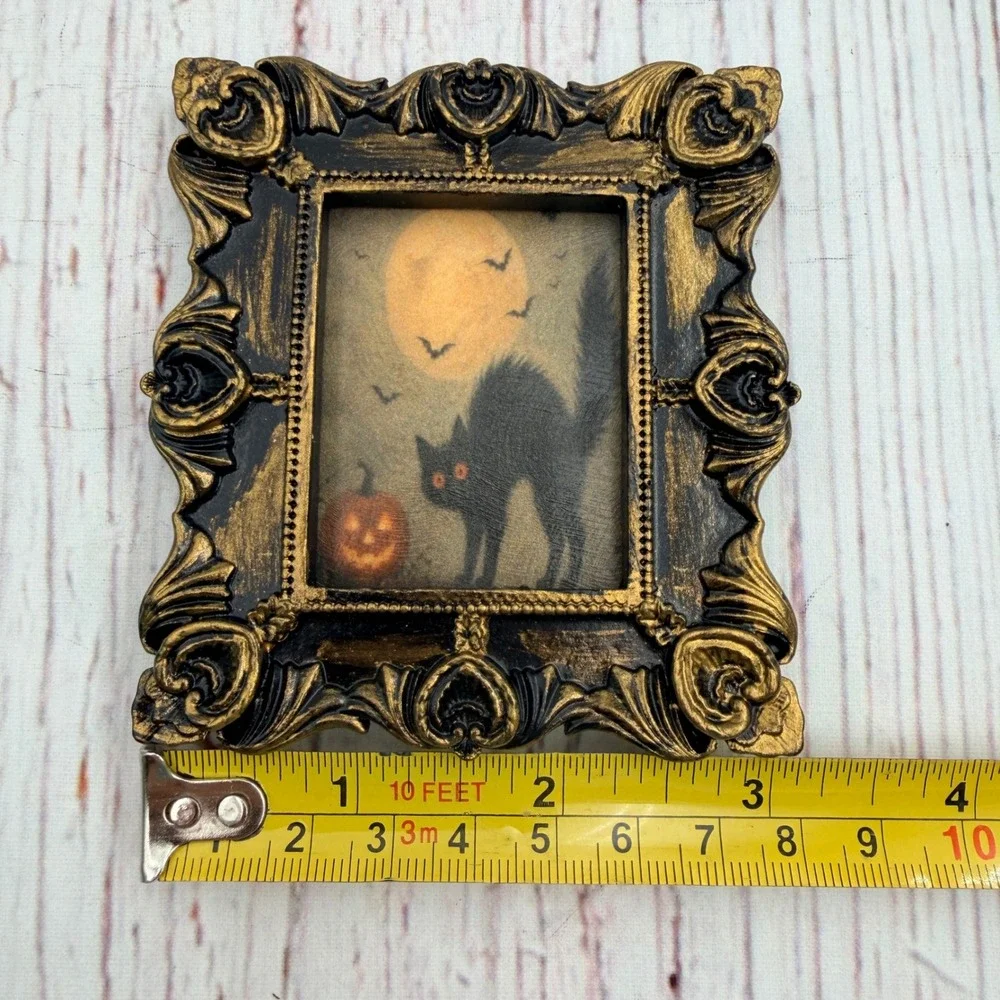 Halloween Black Cat Jack-O-Lantern Ornate Gold Black Resin Frame Decoupage Art